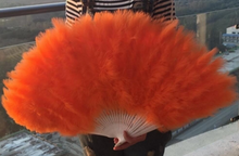Load image into Gallery viewer, Large orange marabou feather fan, energetic dance prop for burlesque, carnivals and pride events