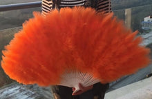 Load image into Gallery viewer, Large orange marabou feather fan, energetic dance prop for burlesque, carnivals and pride events