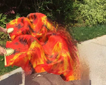 Load image into Gallery viewer, Orange and red gradient silk veil fan, bold handheld fan for festivals, carnivals, performances and themed parties