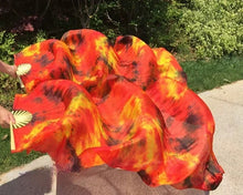 Load image into Gallery viewer, Orange and red silk veil fan, vibrant handheld fan for stage shows, carnivals, performances and themed parties
