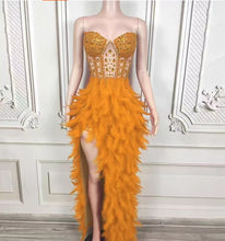 Load image into Gallery viewer, orange feathered and beaded dress