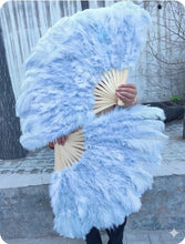 Load image into Gallery viewer, baby blue ostrich feather fans, large and fluffy for performances, events and weddings burlesque dancing and stage performance.