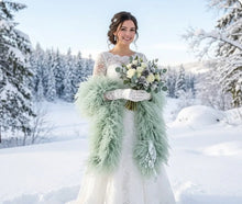 Load image into Gallery viewer, Elegant pale mint green ostrich feather boa, soft accessory for bridal party and wedding guest outfits.
