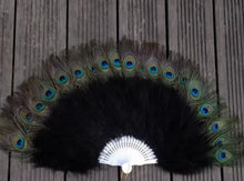 Load image into Gallery viewer, Black peacock feather fan with decorative details, elegant handheld fan for stage shows and performances