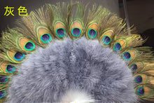 Load image into Gallery viewer, Grey peacock feather fan with natural patterns, luxurious handheld fan for events, performances and photoshoots
