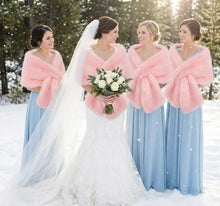 Load image into Gallery viewer, Pink faux fur wrap worn by bridesmaids at a wedding, elegant and warm stole for winter events