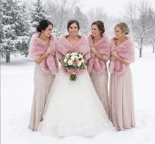 Load image into Gallery viewer, Pink faux fur wrap worn by bridesmaids at a wedding, elegant and warm stole for winter events