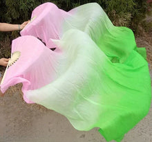 Load image into Gallery viewer, Pink and green gradient silk veil fan, soft handheld fan for spring events, photoshoots, belly dance and costumes