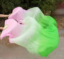 Load image into Gallery viewer, Pink and green gradient silk veil fan, lightweight handheld fan for belly dance, burlesque, festivals and photoshoots