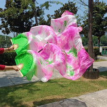 Load image into Gallery viewer, Pink and green gradient silk veil fan, soft handheld fan for spring events, photoshoots, belly dance and costumes
