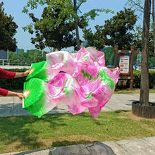 Load image into Gallery viewer, Pink and green silk veil fan, colorful handheld fan for festivals, pride events, performances and photoshoots