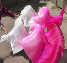 Load image into Gallery viewer, Pink and white gradient silk veil fan, lightweight handheld fan for belly dance, burlesque, festivals and photoshoots