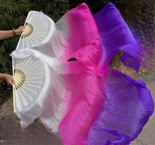 Load image into Gallery viewer, Pink white and purple silk veil fan, multi-color handheld fan for festivals, pride events, performances and photoshoots