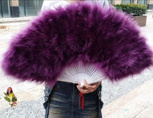 Load image into Gallery viewer, Dark purple marabou feather fan, rich dance prop for burlesque, gothic events and stage performances