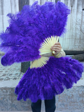 Load image into Gallery viewer, Purple ostrich feather fan, vibrant and eye-catching fan for performances, events and photoshoots