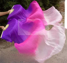 Load image into Gallery viewer, Purple pink and white gradient silk veil fan, elegant handheld fan for performances, themed parties, photoshoots and special occasions