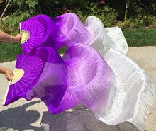 Load image into Gallery viewer, Purple and white gradient silk veil fan, vibrant handheld fan for stage shows, performances, themed parties and events