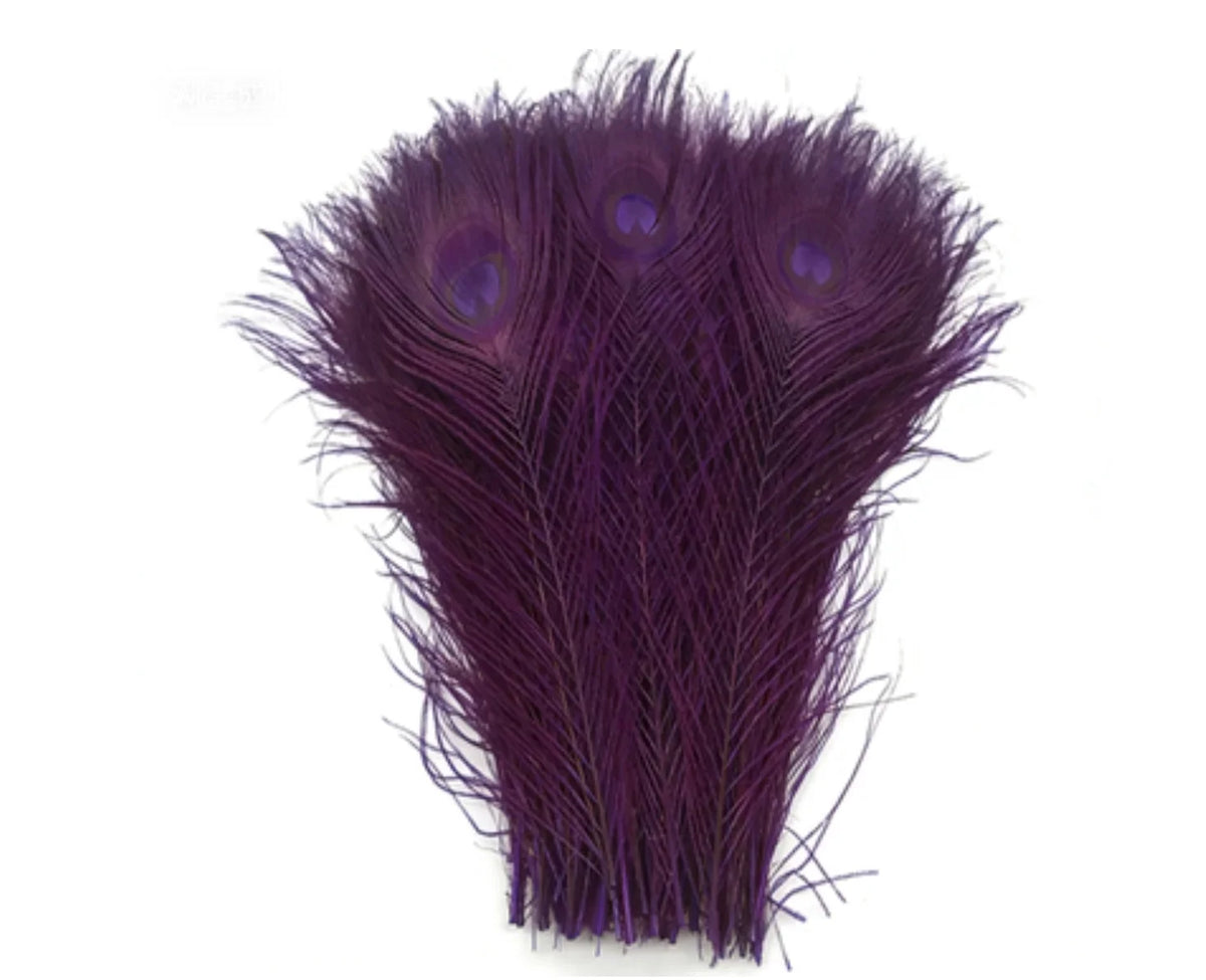 Purple dyed peacock feather bundles, vibrant feathers for crafts, costumes and event decor