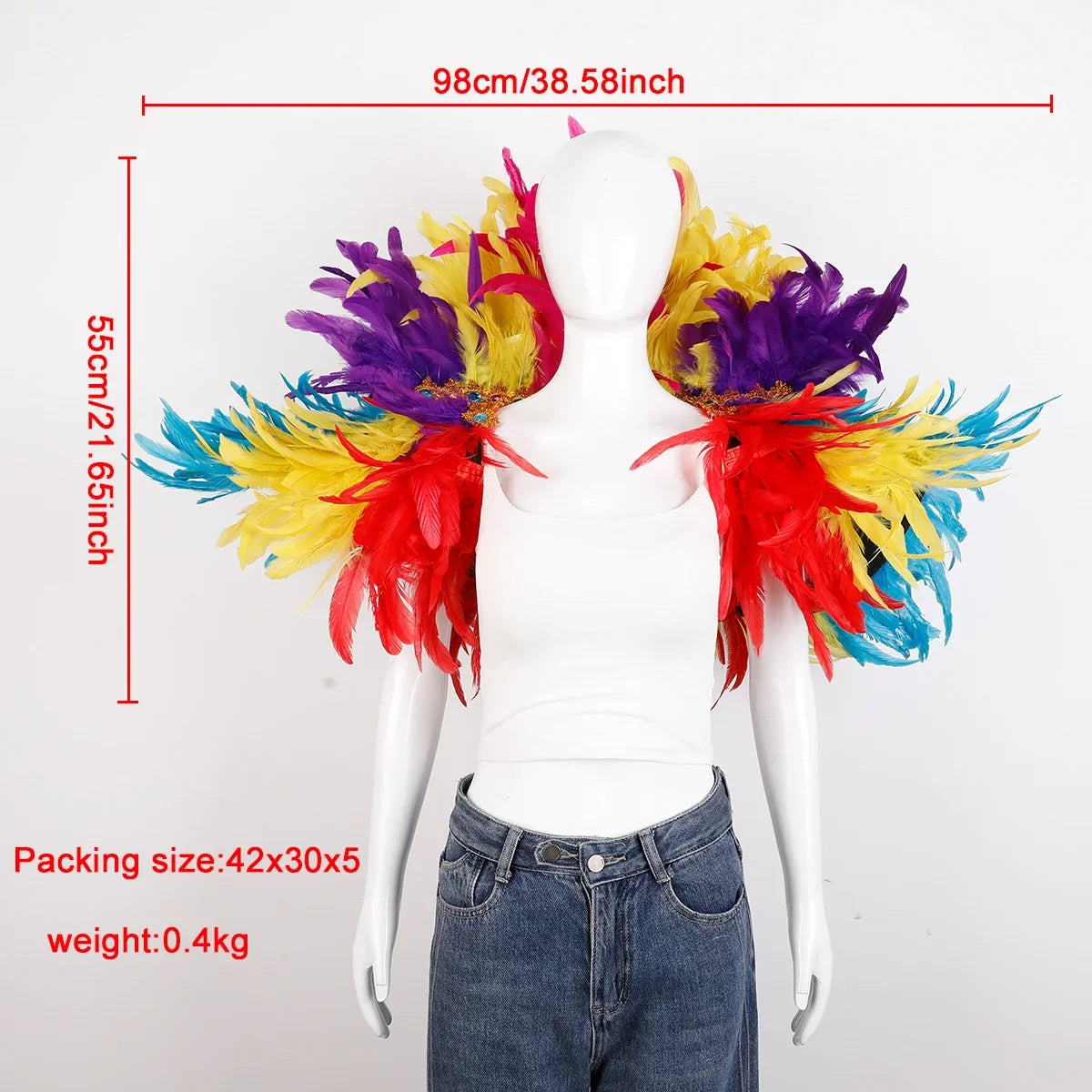 Rainbow feather cape shawl, colorful festival costume accessory for pride parades, carnivals and parties