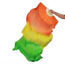 Load image into Gallery viewer, Rainbow orange yellow silk veil fan, colorful handheld fan for pride events, festivals, performances and photoshoots