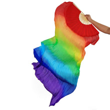 Load image into Gallery viewer, Rainbow red purple silk veil fan, colorful handheld fan for festivals, pride events, performances and photoshoots
