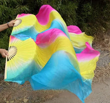 Load image into Gallery viewer, Rainbow yellow blue pink silk veil fan, colorful handheld fan for pride events, festivals, performances and photoshoots