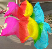 Load image into Gallery viewer, Rainbow yellow pink blue silk veil fan, colorful handheld fan for pride events, festivals, performances and photoshoots