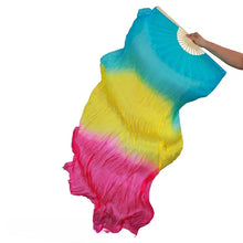 Load image into Gallery viewer, Rainbow yellow pink blue silk veil fan, lightweight handheld fan for belly dance, burlesque, pride events and photoshoots
