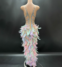 Load image into Gallery viewer, Mannequin wearing a colorful dress with feather details on a black background