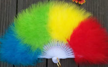 Load image into Gallery viewer, Rainbow ostrich feather fan, vibrant multi-color fan for pride events, festivals and performances