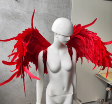 Load image into Gallery viewer, Dramatic red feather angel wings on mannequin, large costume wings for Halloween, cosplay, photoshoots and stage performances.