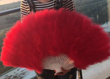 Load image into Gallery viewer, Large red marabou feather fan, striking dance prop for burlesque performances, festivals and events