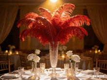 Load image into Gallery viewer, Red ostrich feather centerpiece, bold table decor for weddings, corporate events and themed parties