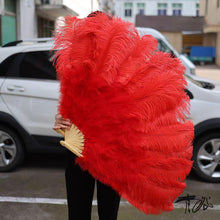 Load image into Gallery viewer, Red ostrich feather fan, bold and vibrant handheld fan for performances, events and festivals