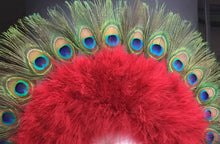 Load image into Gallery viewer, Red peacock and ostrich feather fan, ornate handheld fan for stage performances, burlesque shows and themed events