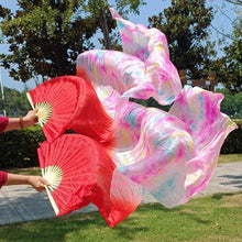 Load image into Gallery viewer, Red and pink gradient silk veil fan, romantic handheld fan for weddings, performances, photoshoots and special occasions