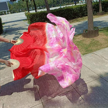 Load image into Gallery viewer, Red and pink silk fan, vibrant handheld fan for burlesque performances, festivals and photo shoots
