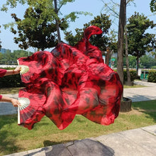 Load image into Gallery viewer, Red silk veil fan, vibrant handheld fan for belly dance, burlesque, festivals and photoshoots