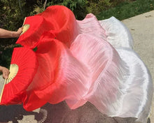 Load image into Gallery viewer, Red and white gradient silk veil fan, lightweight handheld fan for belly dance, burlesque, festivals and photoshoots