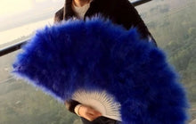 Load image into Gallery viewer, Large royal blue marabou feather fan, luxurious dance prop for burlesque, weddings and formal occasions