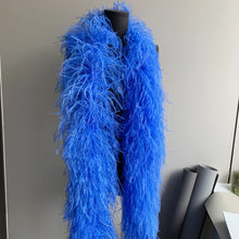 Load image into Gallery viewer, Luxurious royal blue ostrich feather boa, thick and fluffy trim for evening gowns and theater wear.