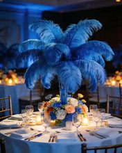 Load image into Gallery viewer, Royal blue ostrich feather centerpiece, bold table decor for weddings, corporate events and formal parties