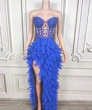 Load image into Gallery viewer, royal blue feathered and beaded dress