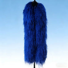 Load image into Gallery viewer, Blue feathered garment on a mannequin against a blue background