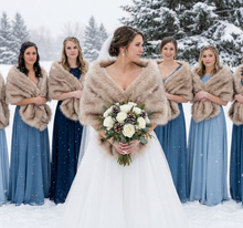 Load image into Gallery viewer, Sandy beige faux fur wrap worn by bridesmaids at a wedding, neutral and versatile stole for winter events