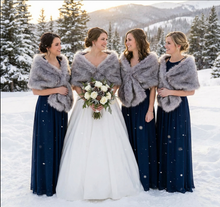 Load image into Gallery viewer, Silver faux fur wrap with black tips worn by bridesmaids at a wedding, glamorous stole for formal events