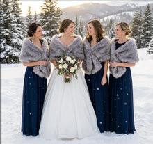 Load image into Gallery viewer, Silver faux fur wrap with black tips worn by bridesmaids at a wedding, glamorous stole for formal events