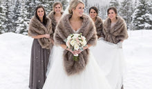 Load image into Gallery viewer, Silver faux fur wrap with gold tips, glamorous stole for weddings, New Year's events and evening parties