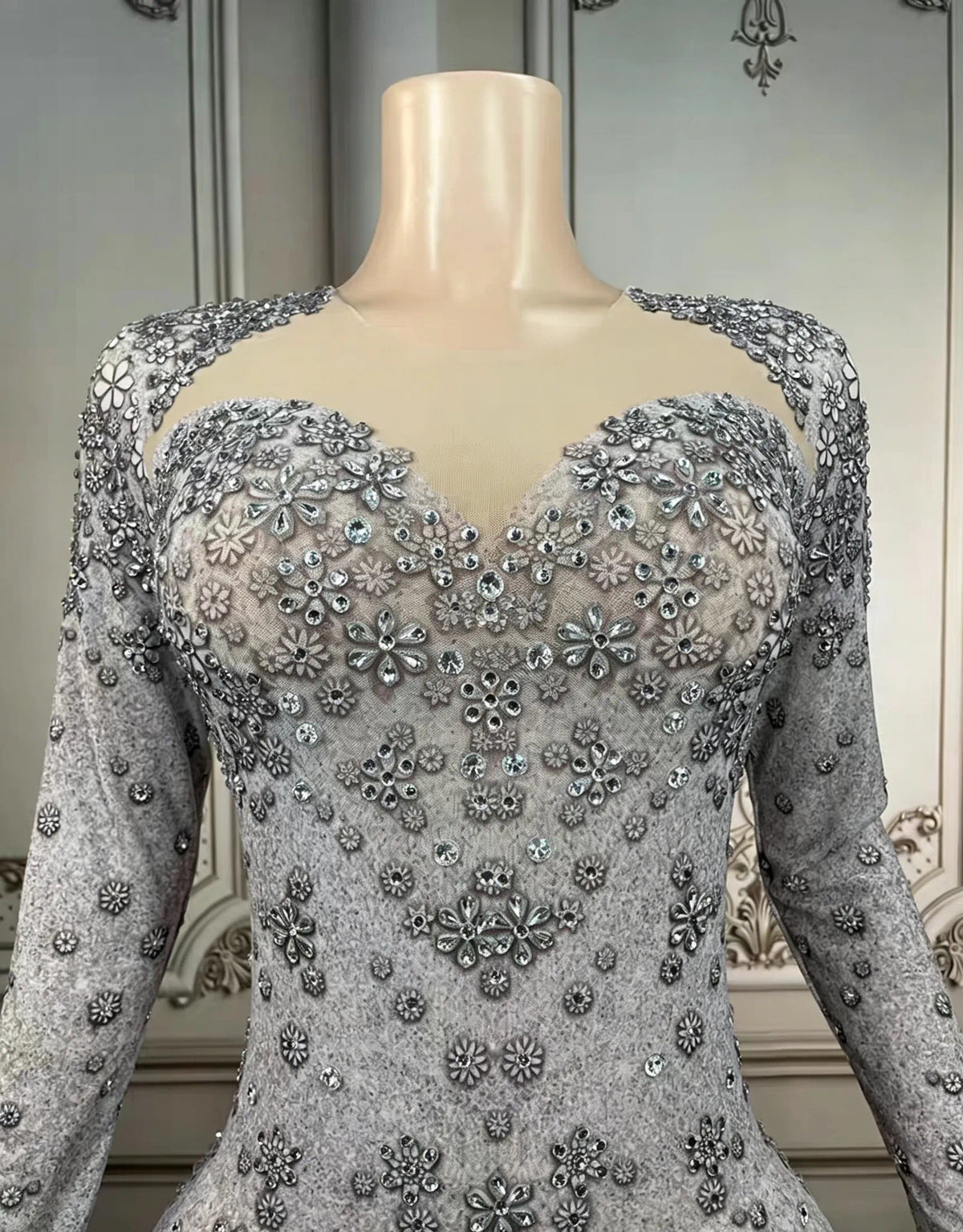 Grey Feather Mermaid Gown with Beaded Illusion Sleeves