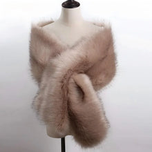 Load image into Gallery viewer, Tan faux fur wrap, warm neutral stole for weddings, fall events and evening wear